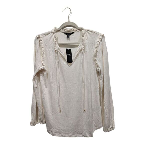 New! Lauren Ralph Lauren Black Label Linen Blend Ruffled Keyhole Blouse, S - Picture 1 of 11